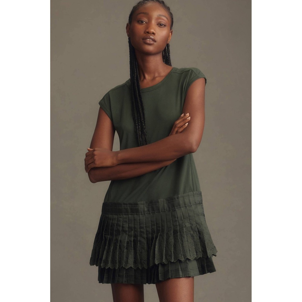 Anthropologie Daily Practice Pleated Eyelet Drop Waist Mini Dress Green Womens M